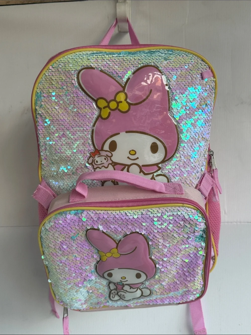 Sanrio My Melody Flip Sequin Backpack and Lunch Box Set Pink Good Condition